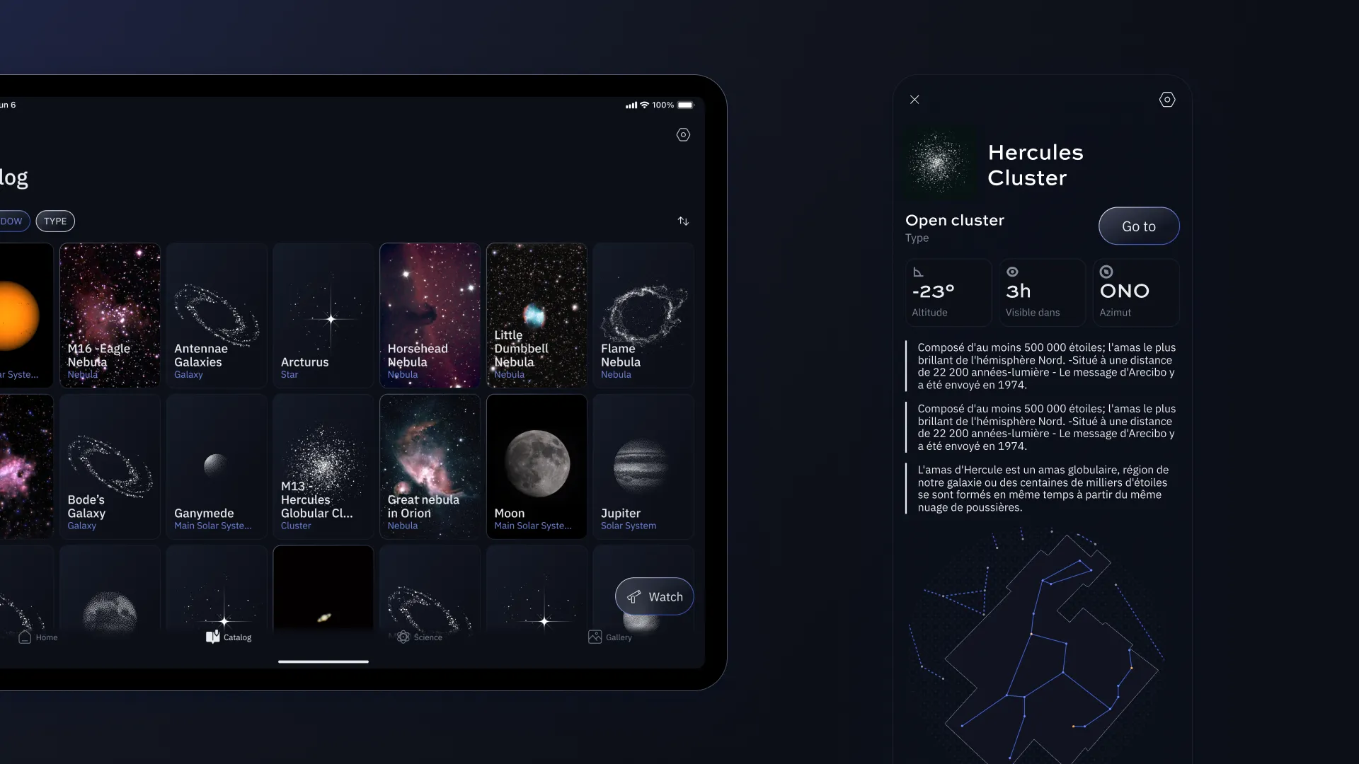 Capture d’écran du catalogue d’objets célestes de l’application Unistellar.