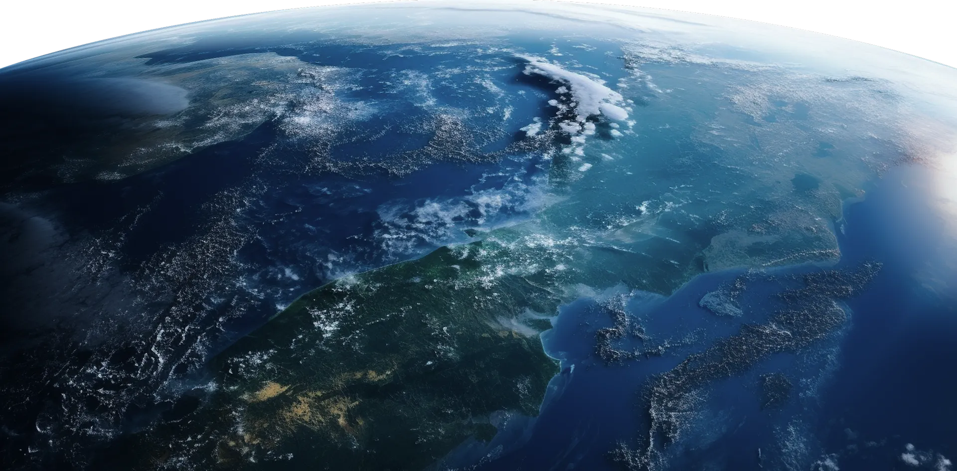 Vue satellite d’une planète évoquant la Terre, les nuages reflétant la lumière du soleil levant.