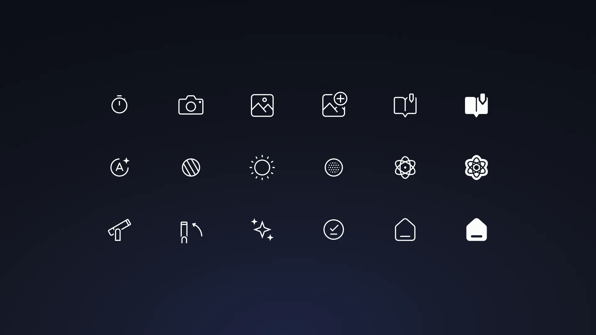 Jeu d’icônes stylisées pour de l'application Unistellar, incluant télescope, étoiles et planètes.