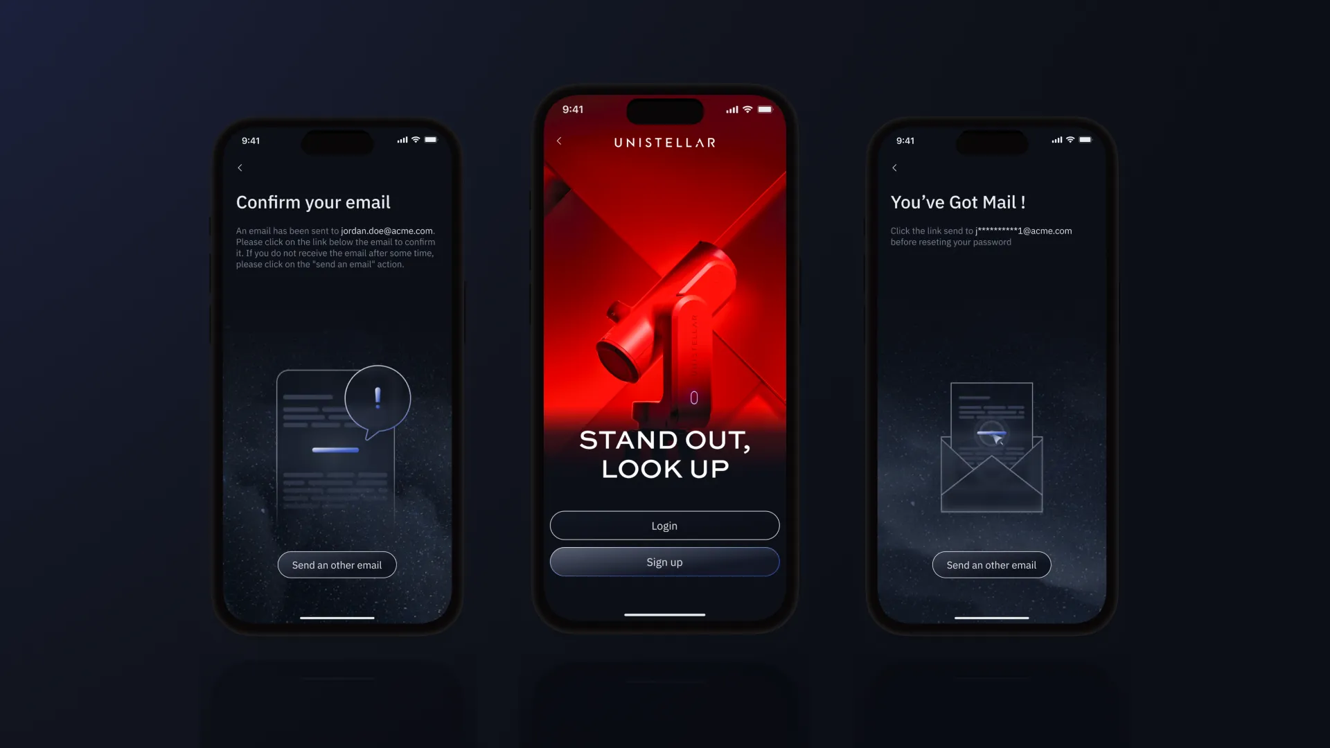 Maquettes mobiles de l'application Unistellar : écran de confirmation d'email (gauche), écran d'accueil avec un télescope rouge et le slogan 'Stand out, look up' (centre), et écran de confirmation d'envoi de lien par email (droite).